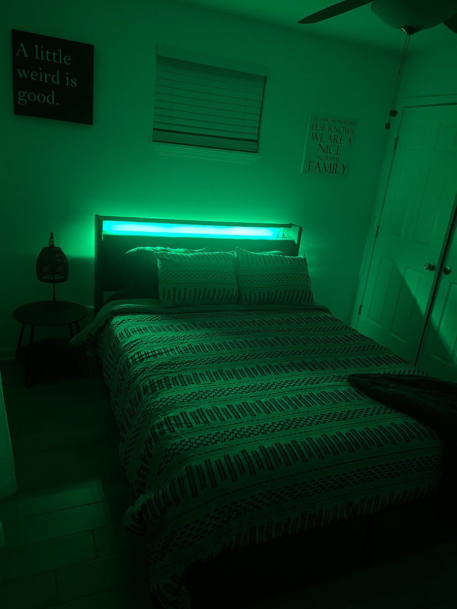 Bedroom 1, queen size bed with linen, USB charging port and LED lights in headboard