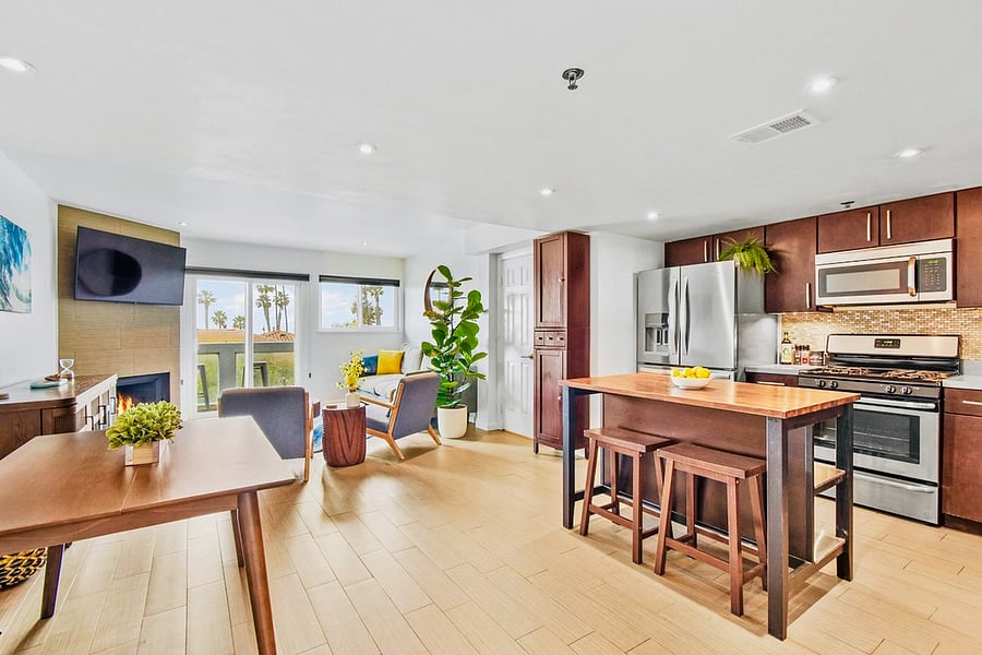 Living Room with Ocean View & Kitchen