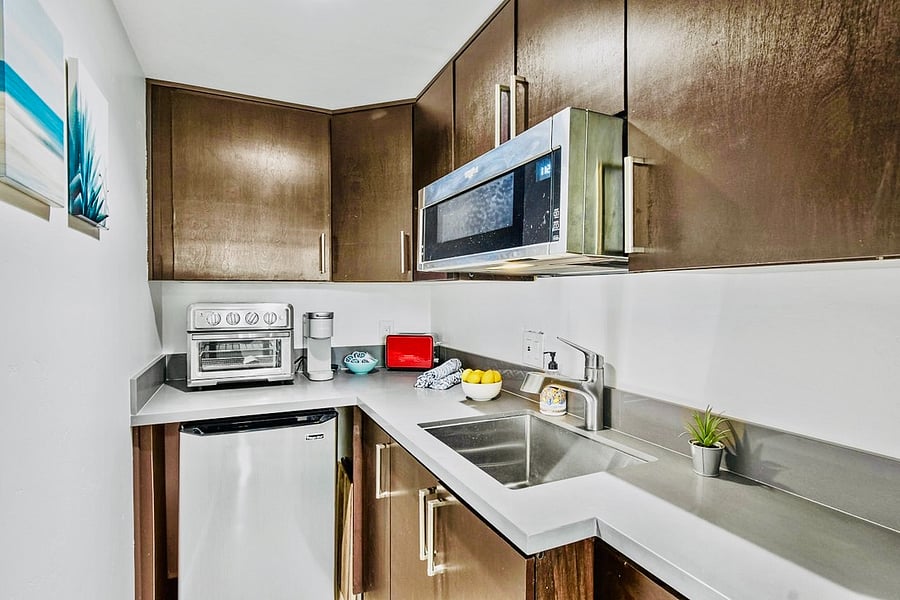 Custom Kitchenette with Large Mini Fridge, Microwave, Convection Toaster Oven/Air Fryer, Coffee Maker for Coffee Pods, Toaster, and Ample Storage!