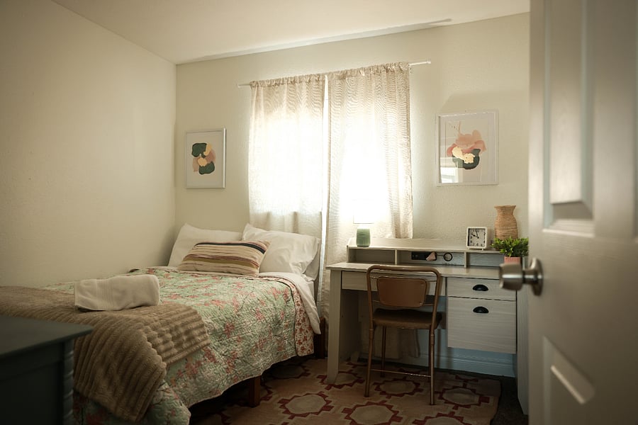 Full size bed, desk for work space, charging port, dresser and closet with hangers.