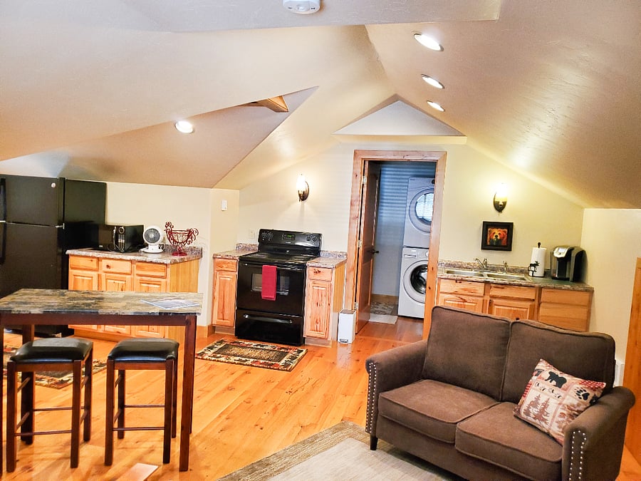 Kitchen, bathroom, living area