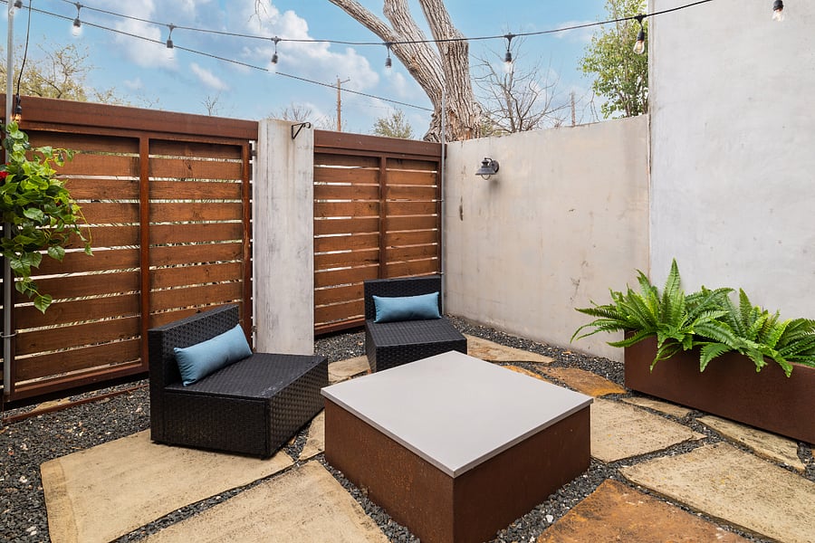 Front patio, gas fire pit, off living room