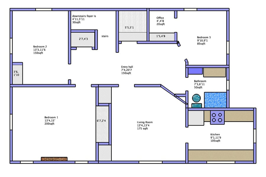 apartment floor plan with room sizes and locations
