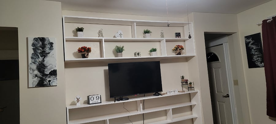 Built-in shelfs with a brand new 43 in Smart TV with Roku box.
