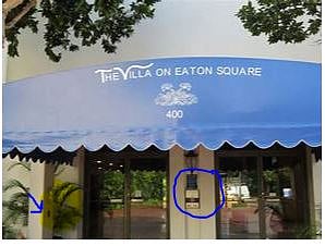 FOB is used on left side prior to entrance and is highlighted in yellow. The callbox to call security is circled in Blue. Use this if you do not have FOB