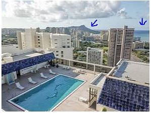 View of Diamond Head and Waikiki Beach left to right respectively