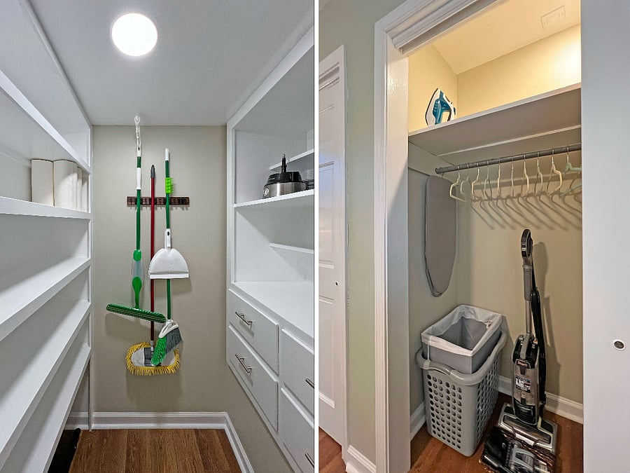 Storage pantry w/cleaning supplies, household materials, extra kitchen small appliances, 2-step folding ladder and utility drawer