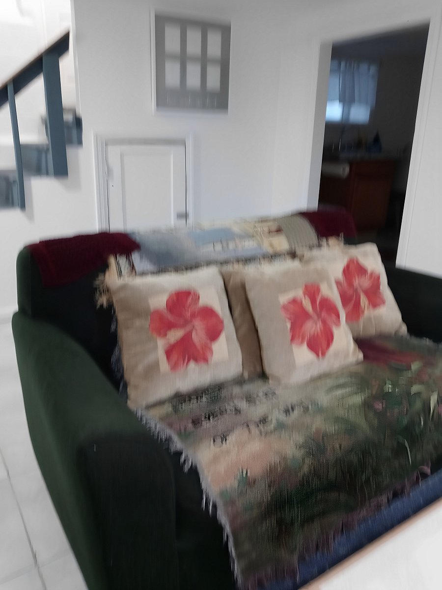 A sofa good for relaxing.Adining table for 2
