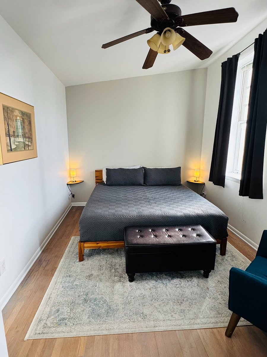 Cozy, King size memory foam mattress. Room has black-out curtains and white noise machine