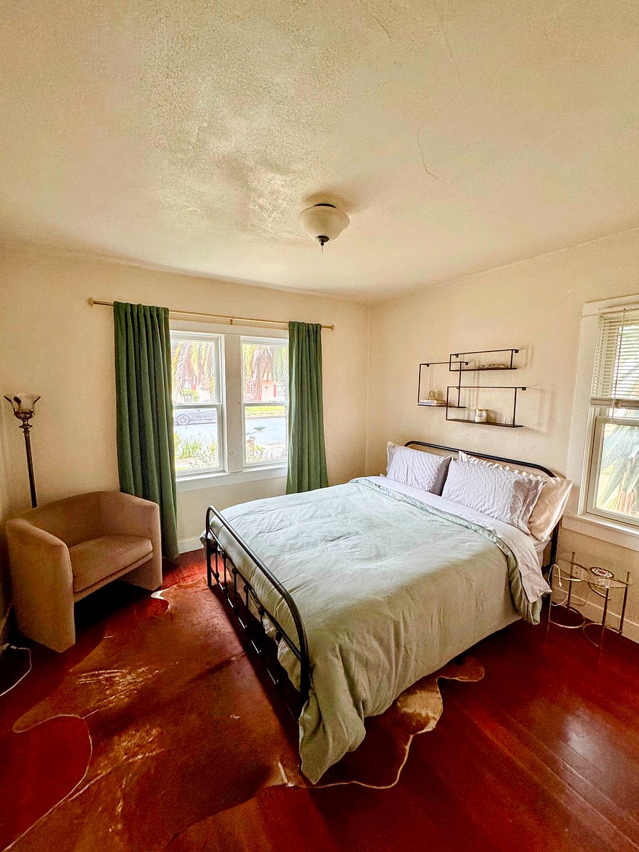 Master bedroom with queen bed, closet, and large window with beautiful big palm tree outside.