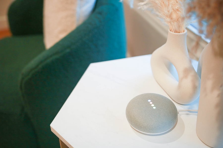 Google home with voice activated blinds for common spaces and primary bedroom