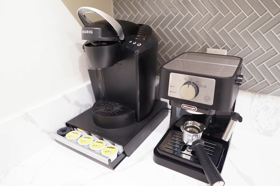 Keurig single Kcups and espresso machine available for morning coffees