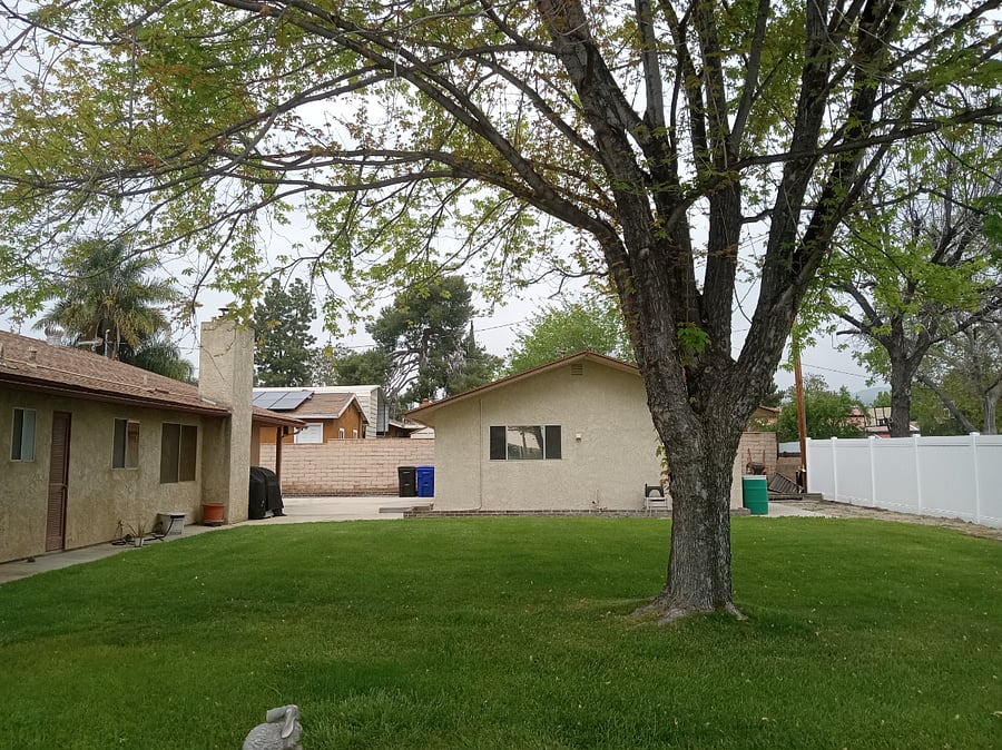 Through the kitchen window, you can look out onto a large green backyard.