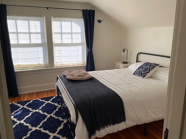 Queen bed with blackout curtains. 