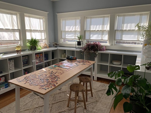 Light-filled room with lots of wood puzzles and art supplies for your down time. 