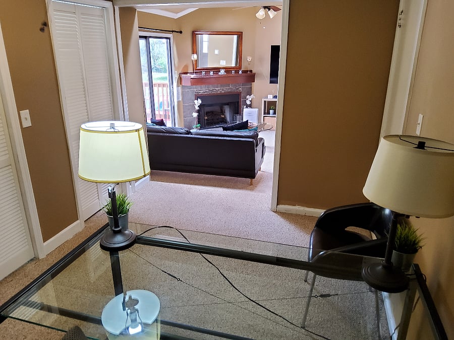 Office space view into living room 