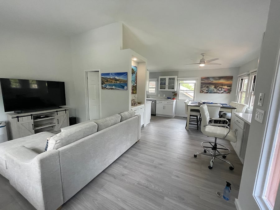 Built in Office on the right with USB charging ports and cabinets