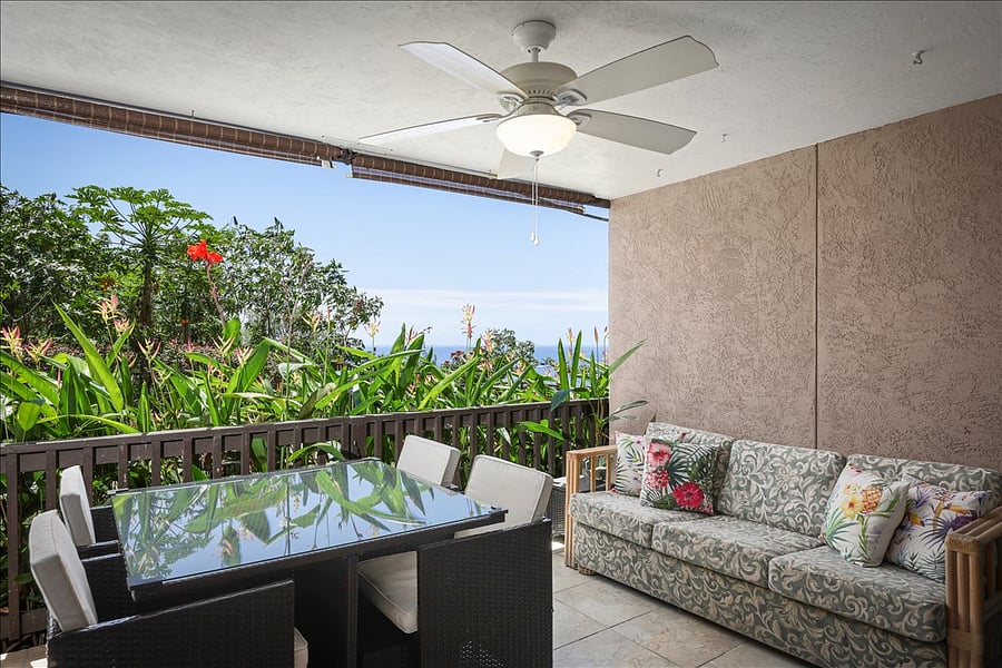 Garden view while sitting on private lanai (patio) through your personal garden. Lay on pull-out sofa, read a book with a cool ocean breeze, listening to tropical birds who live in the jungle adjacent the property.