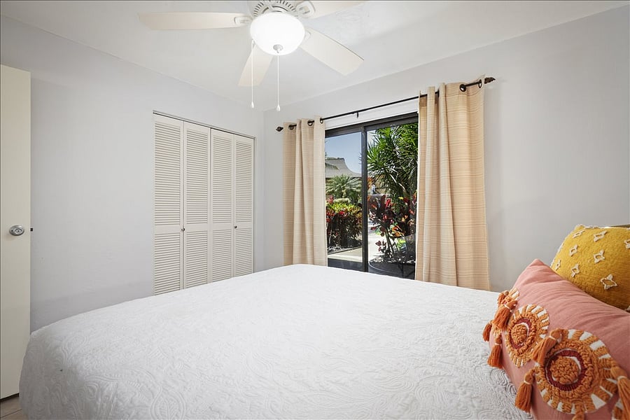 2nd bedroom has private exit where a cool breeze comes in from screen doors, large closet with hangers. Queen size memory foam mattress.