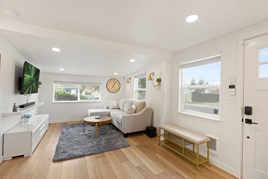 Open living room with lots of natural light.
