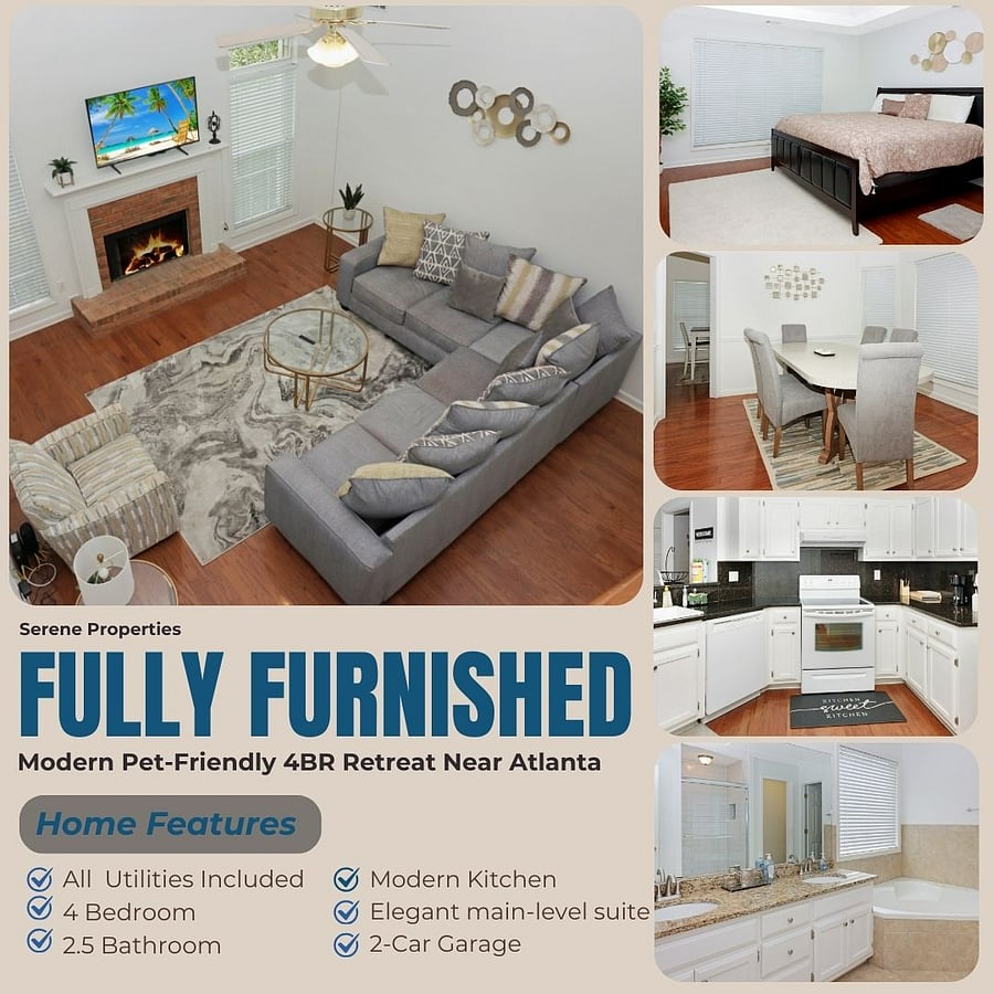 Bright, modern home featuring welcoming living spaces, comfortable bedrooms, stylish bathrooms, and a fully equipped kitchen