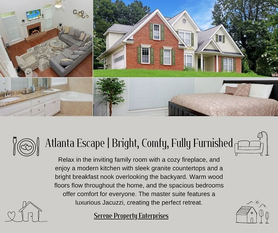Cozy 4BR/2.5BA retreat featuring a warm fireplace, modern granite kitchen, bright breakfast nook, and spacious bedrooms. Relax in the luxurious master jacuzzi. Monthly cleaning included.
