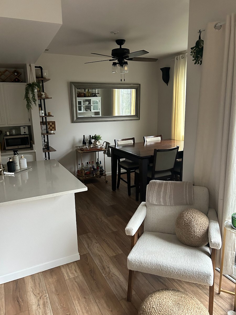 Dining room view from the living room Seats 4 but if needed can be extended to 6, I have 2 more chairs in the garage.
The dining room is the opposite side of the dining room to the laundry room (not pictured) with stackable SMART washer and dryers.
