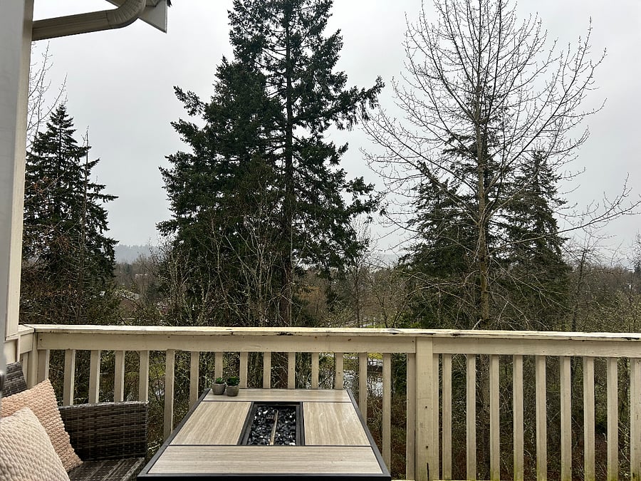View from inside the living room. Outdoor gas fireplace for cozy nights.