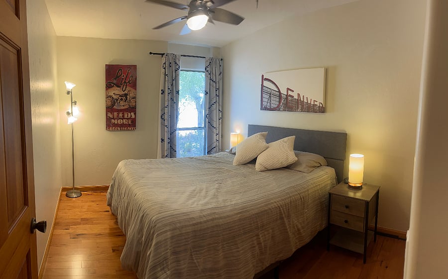 Bedroom with queen Beautyrest mattress and large closet