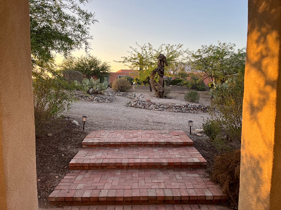 Front entrance leading to the large front yard filled with desert offerings.