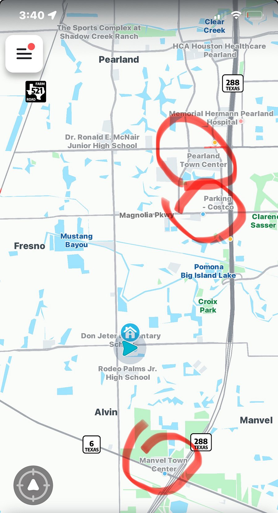 As seen in the map,the property is close to 288 and highway 6 just by 1.5 miles .Very convenient for commute.Pearland town center is about 6 miles,and Manvel Town center/HEB is 1.7 miles.Costco is 2.6miles.And 2 gas stations within half a mile.