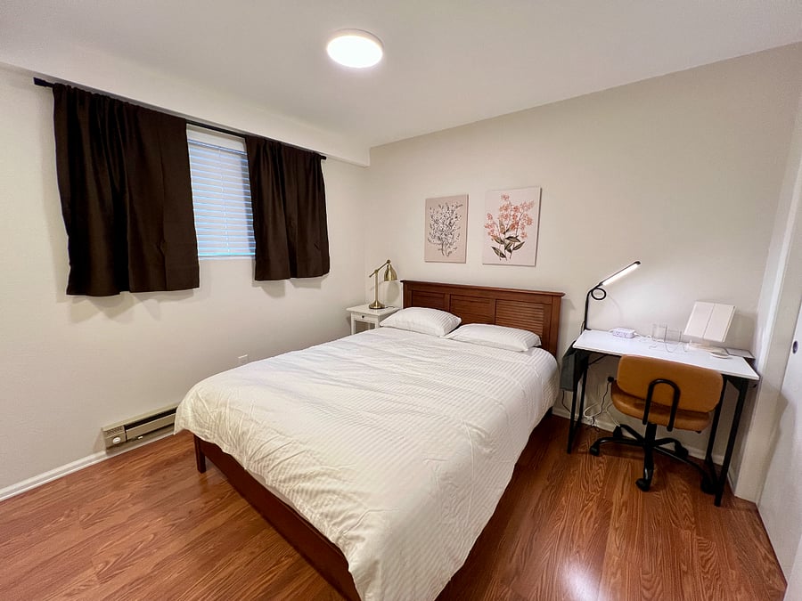 Bedroom 1 - Queen size bed and blackout curtains and blinds
