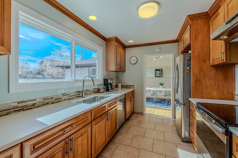 Natural light fills the kitchen