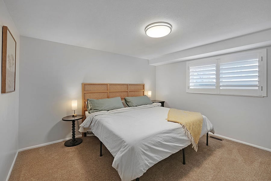 Bedroom # 2-King Bed, Smart TV, Closet space with shelf, hangers, fan, heater, extra blanket. 4 drawer dresser. Large window that allows much light if desired. Plantation shutters that block light when needed to be darker. Dimmable lamps with charging stations for phones.