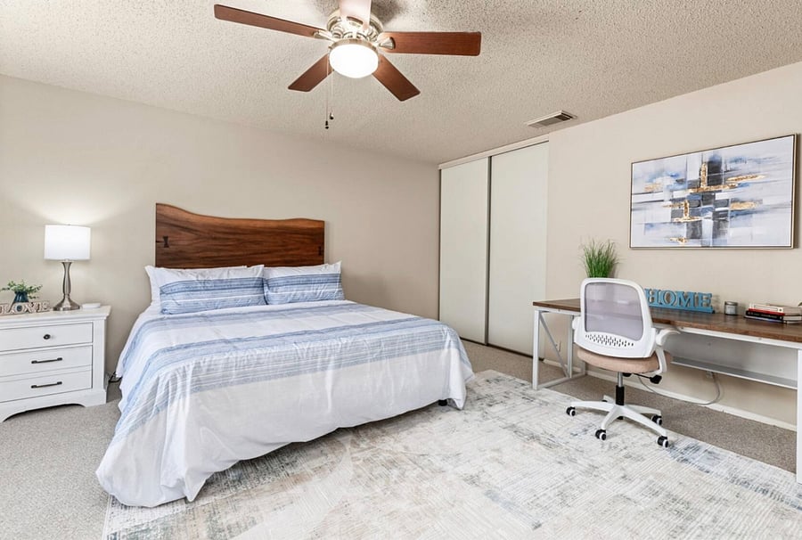 Second Floor - Queen bed. Sleeps 2 people with private desk. All beddings, towels and furniture are brand new.