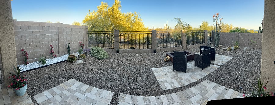 Panoramic view of the back yard and native area which fills with birds, owls, rabbits, javelina's, coyote's, bobcat, and even mtn lion. Sunrise's are special and Sunsets are still visible, but much cooler being east facing.