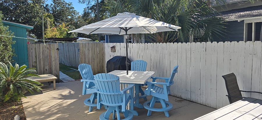 New Polywood outdoor furniture! Gate leads to Cottage in back