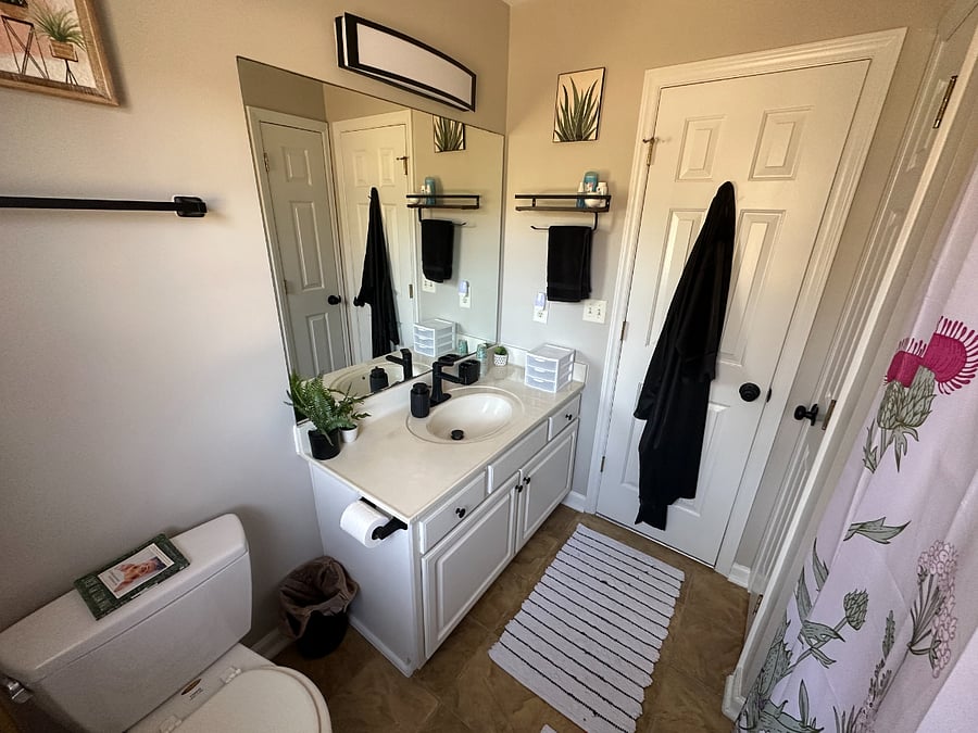 Private bathroom is yours and includes a silk robe and linen closet with storage and qtips, shampoo/conditioner, toothbrush, toothpaste, toilet paper, and cleaning products for your use.