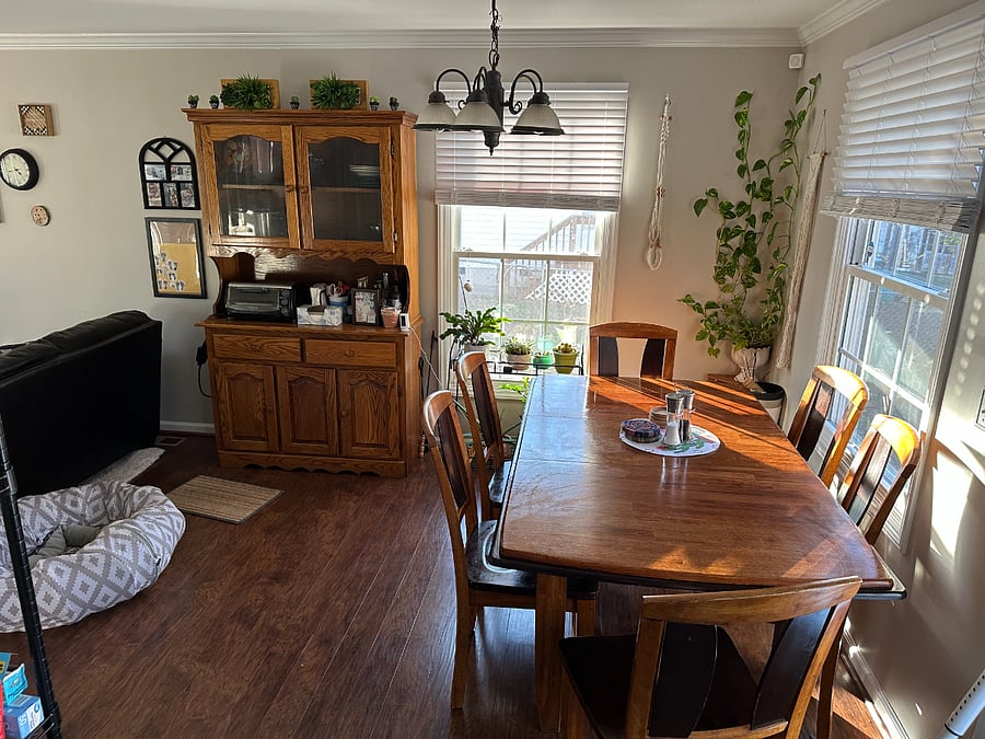 Dining room table seats 6 and is surrounded with plants!