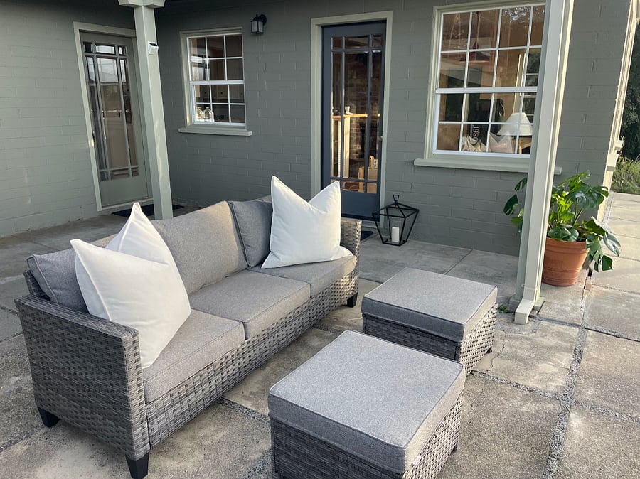 Outdoor seating by kitchen.