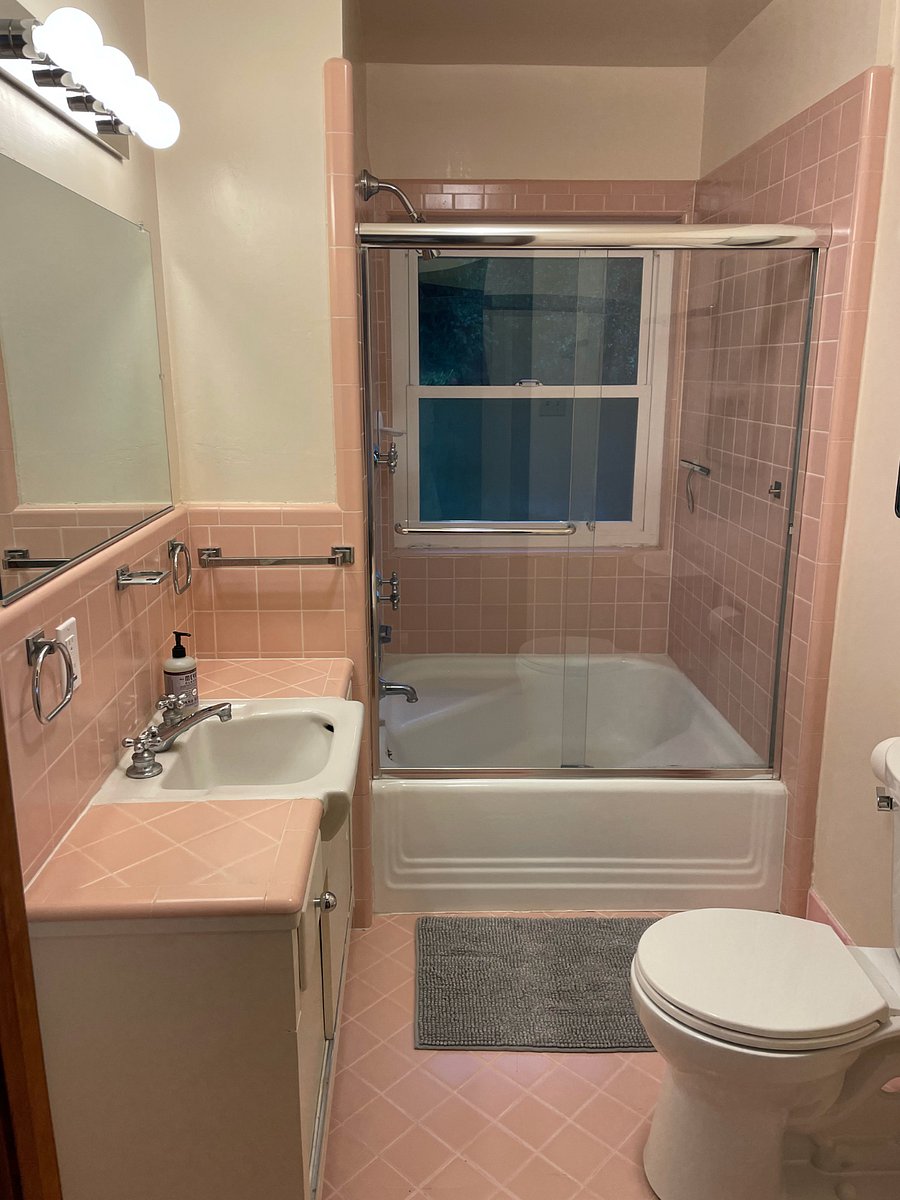 Squeaky clean retro bathroom.  Wonderful private view from the shower.