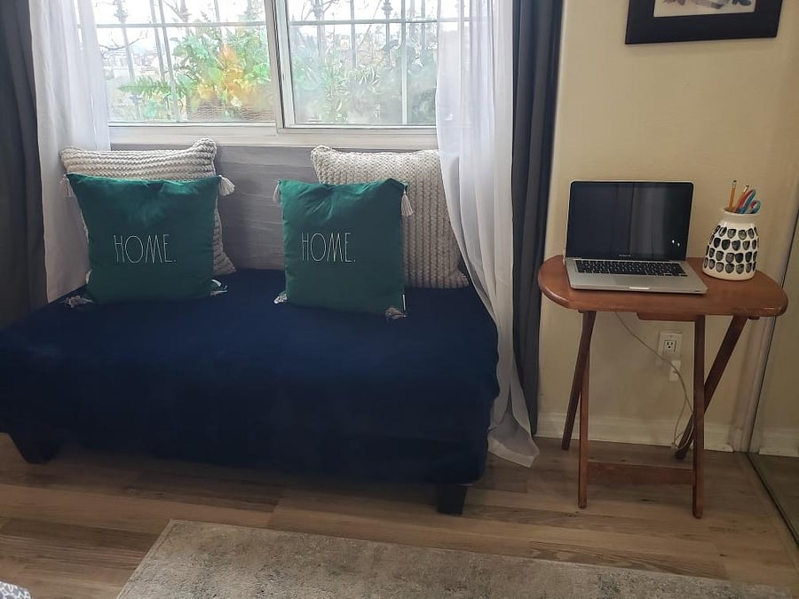 Bay window view with computer on one side