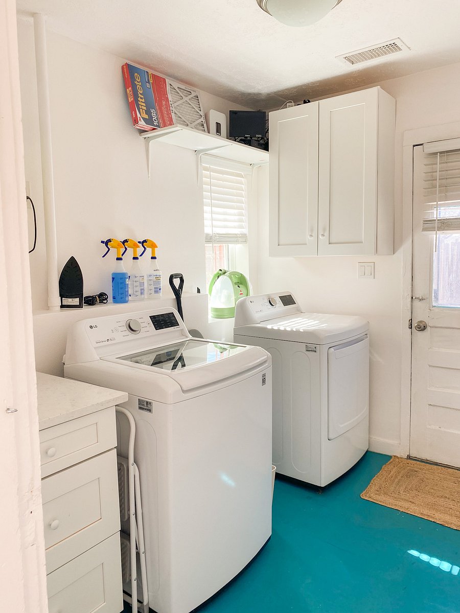 Utility room has washer and dryer and is fully stocked with essential cleaning equipment and supplies. (The utility room is a shared space between the Main House Tenant and the Casita Tenant. It is accessible from the Main House through a locked interior door and from an exterior door with a separate key.)