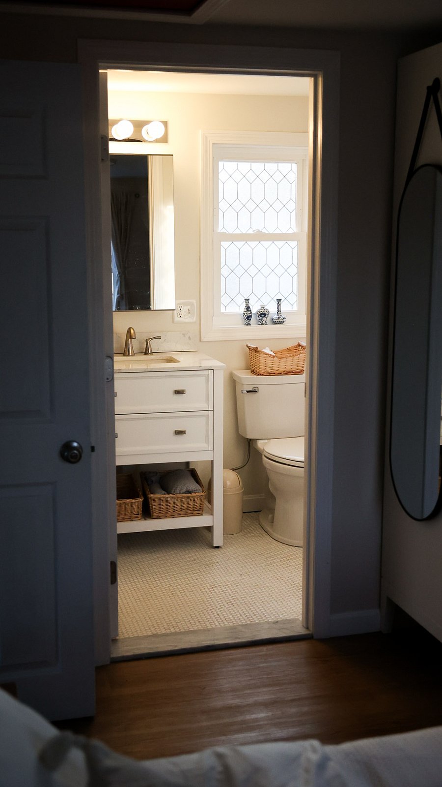 the bathroom with its lights on.