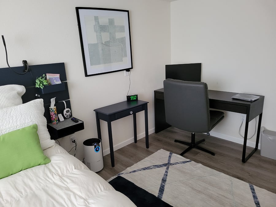 Bedroom with desk, touch screen monitor
