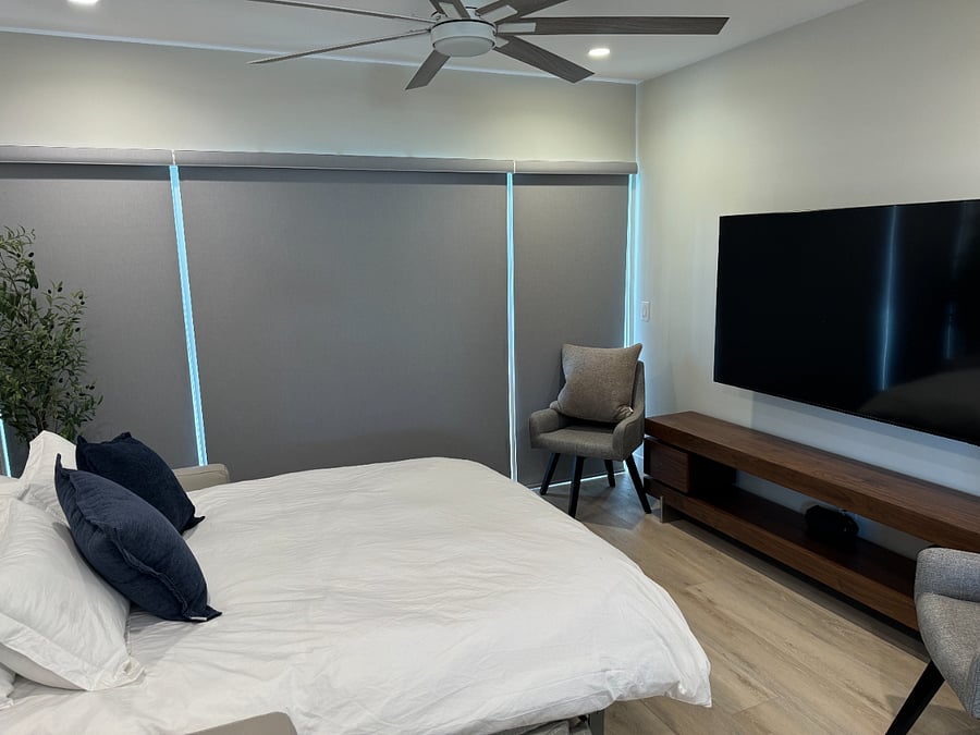 The Casita Lliving room serves as a dual purpose space.  By day it is a relaxing living area and by night, it serves as an extra sleeping area.  The sofa is a sleeper sofa featuring a queen-sized pull out bed and the blinds are remote controlled black-out blinds for ultimate comfort and convenience.  