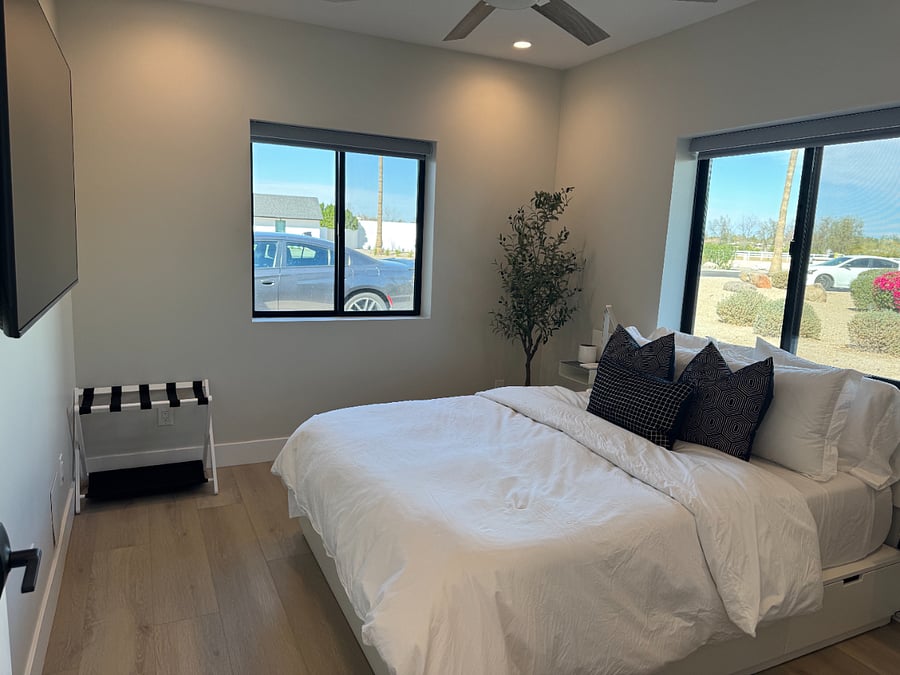 The Casita offers a comfortable queen-sized bed with blackout blinds and smart TV. 