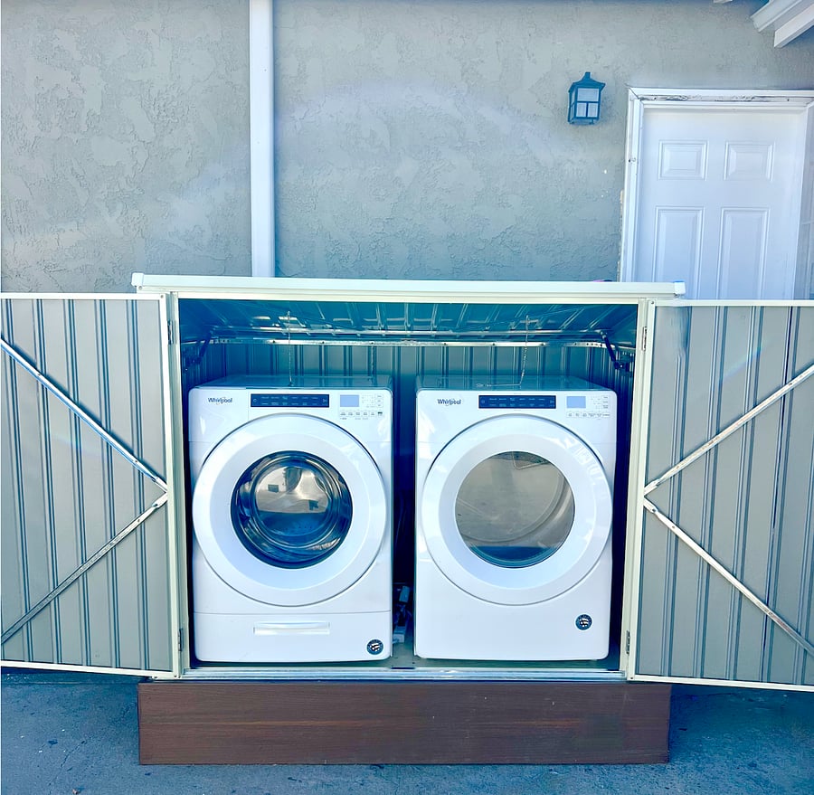 Private laundry at the side door! Whirlpool 4.5 Cu. Ft. 35-Cycle High-Efficiency Front-Loading Washer with Steam + Whirlpool 7.4 Cu. Ft. 36-Cycle Gas Dryer with Sanitize Cycle