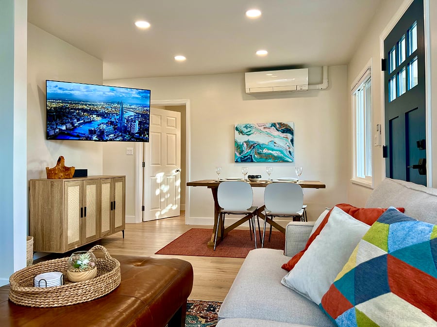All the amenities you want for a longer stay, like mini split AC/heat, a swiveling 50" TV and fast one gig WiFi speed.