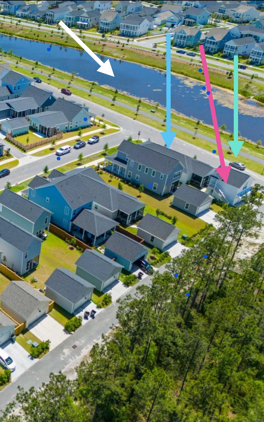 White - 1/2 mile path around pond
Blue - our home
Pink - your home away from home
Teal - where you will park.